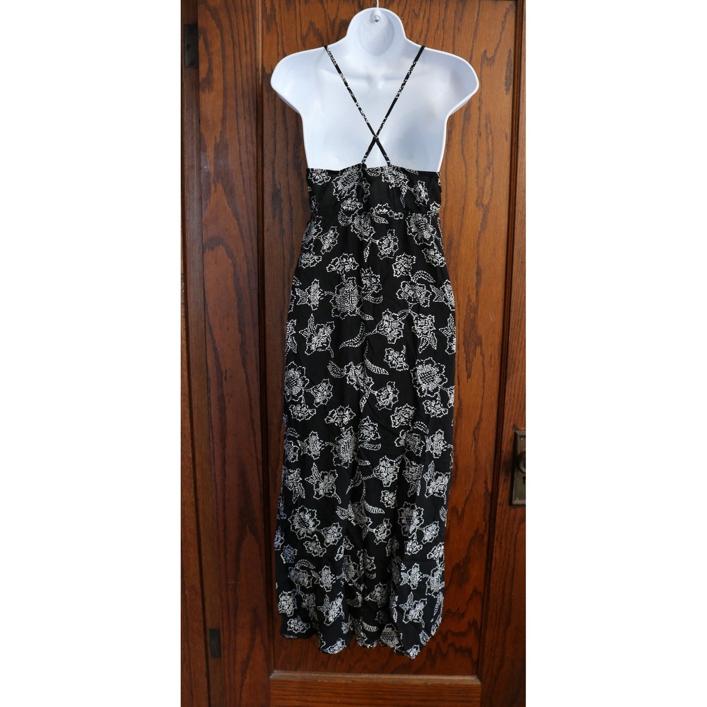 WALLFLOWER Floral Maxi Dress Women Size L Black White Lace Trim Front Slit Boho - Picture 2 of 13